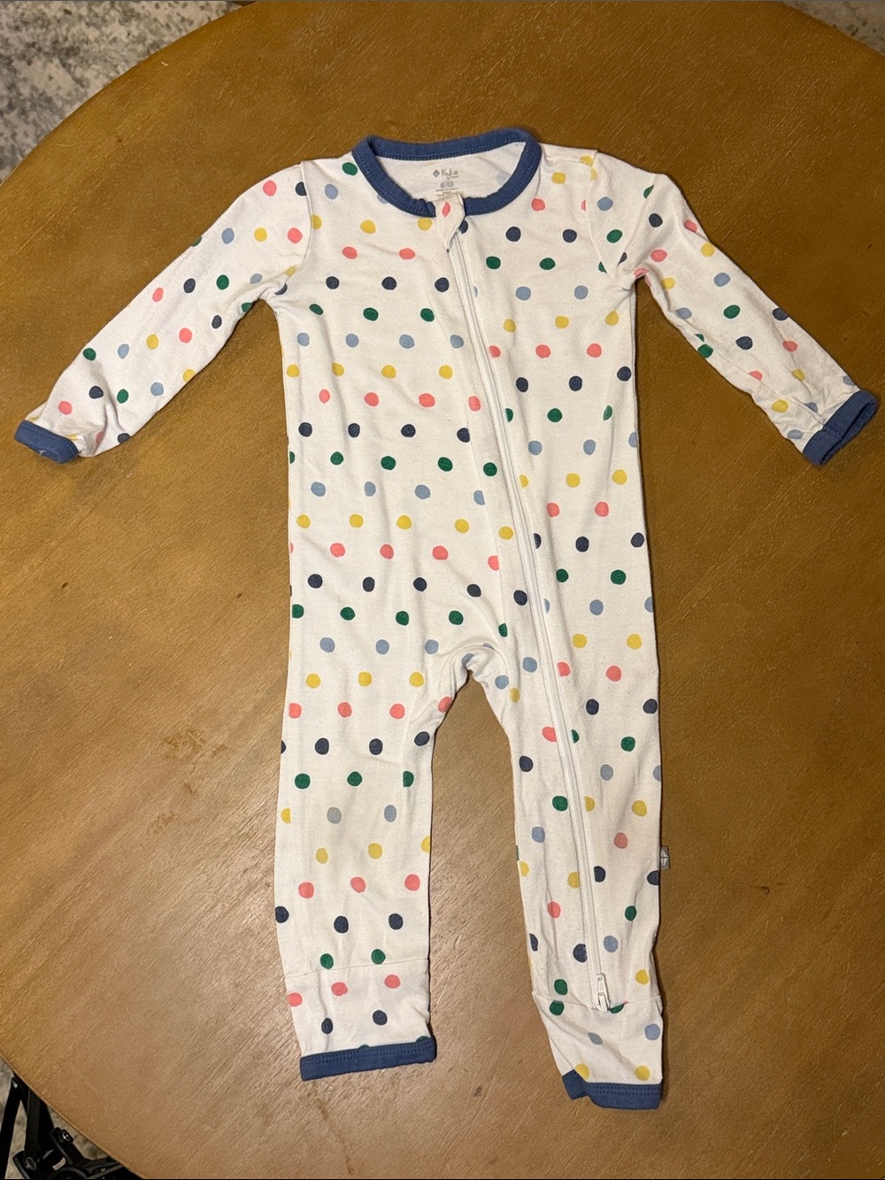 KYTE Baby Zipper Romper (6-12M) - Spring Polka Dots with Steel trim